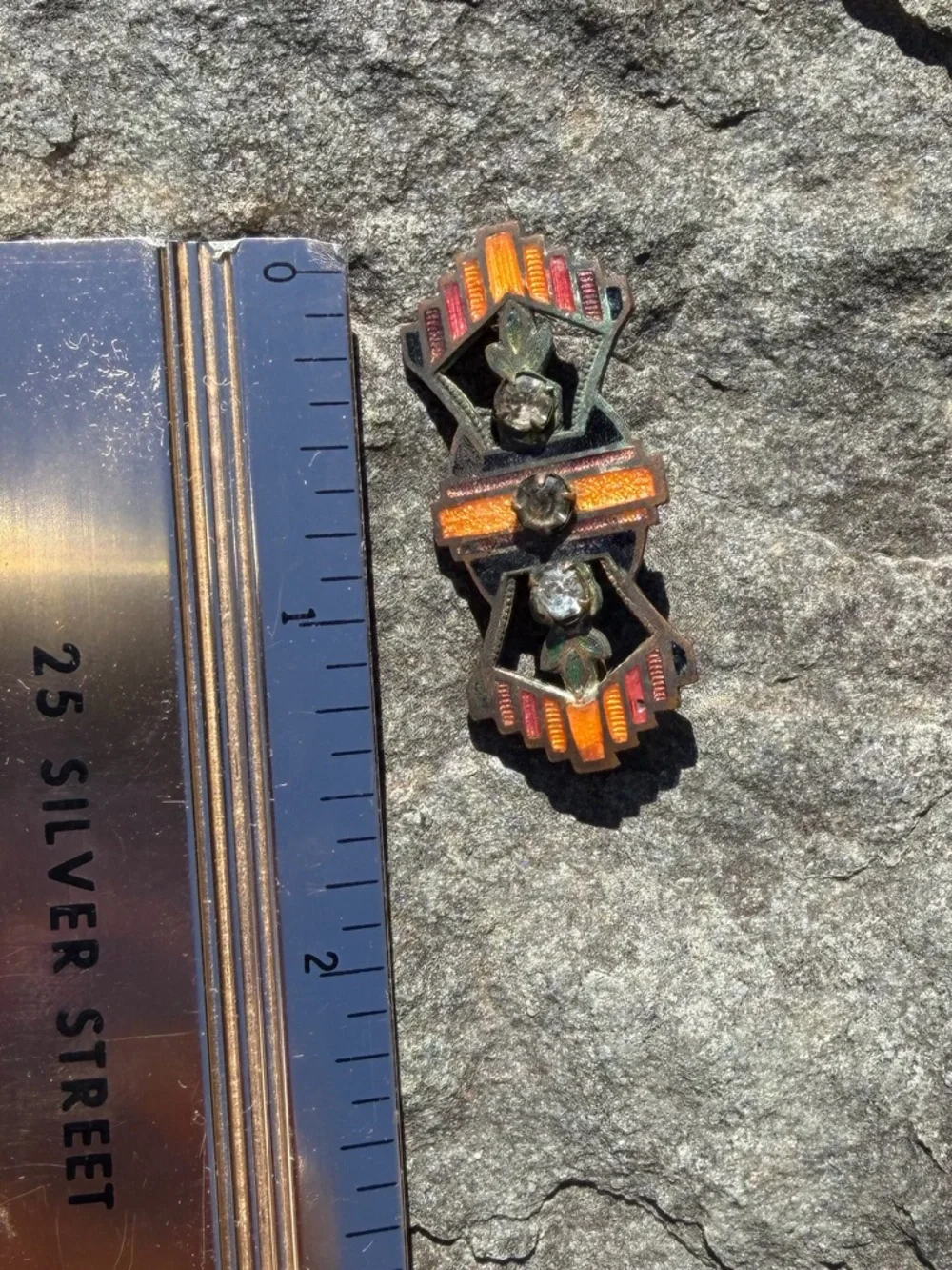 Vintage Art Deco Orange Enamel Rhinestone Fan Brooch - Picture 5 of 9